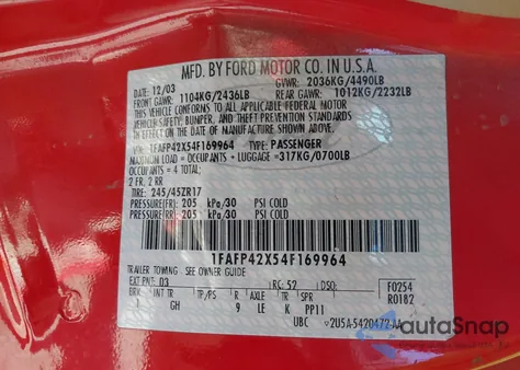 2004 Ford Mustang Gt из США, поврежденный, VIN 1FAFP42X54F169964